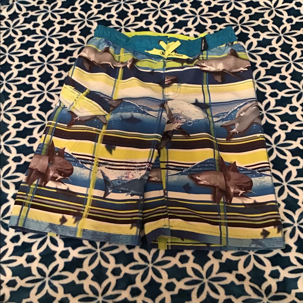 ZeroXPosur swim trunks boys 10/12 shark theme blue yellow nice artwork